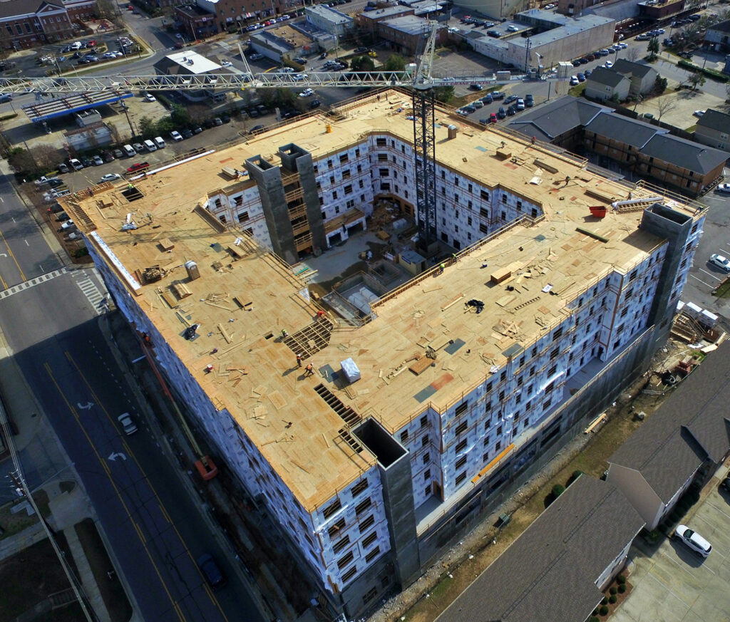aerial view of framing work for building