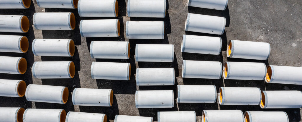Aerial view concrete pipe in rows