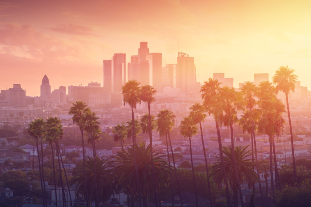 hazy LA skyline with palm trees at sunset, demonstrating climate change