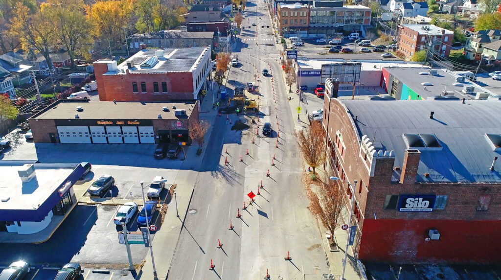 aerial view of traffic cones construction on road