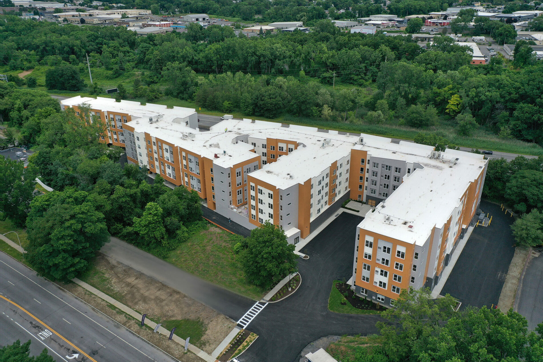 An aerial photo of a building.