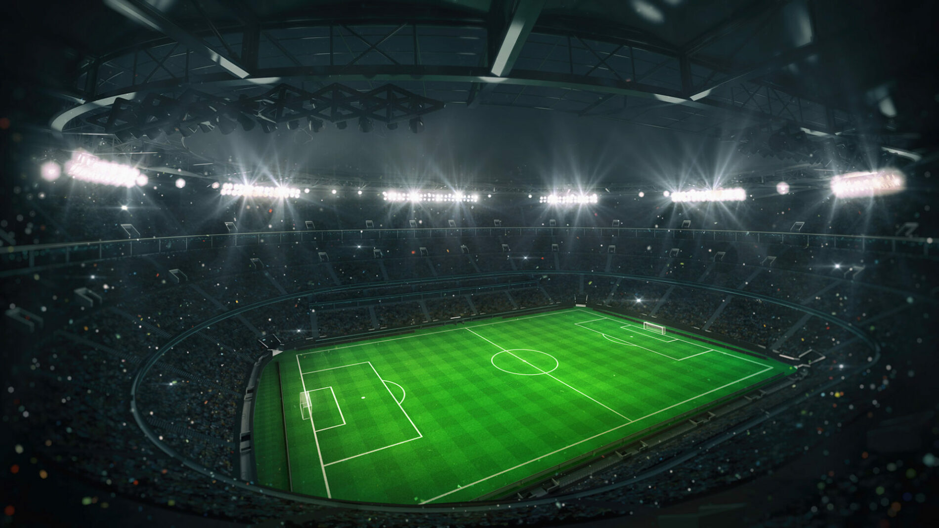 Magnificent football stadium full of spectators expecting an evening match on the grass field. Top tribune spectacular view. Sport category 3D illustration background.