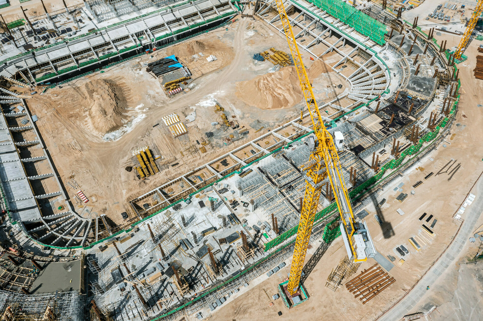 building site aerial view. new football stadium under construction.