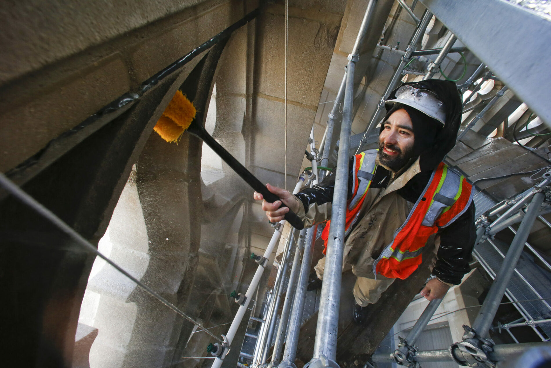 Chicago, IL - October 24: Cleaning the limestone at the Chicago Tribune Tower at 435 North Michigan on Thursday, October 24, 2019 in Chicago, Illinois. (Photo by Nuccio DiNuzzo)